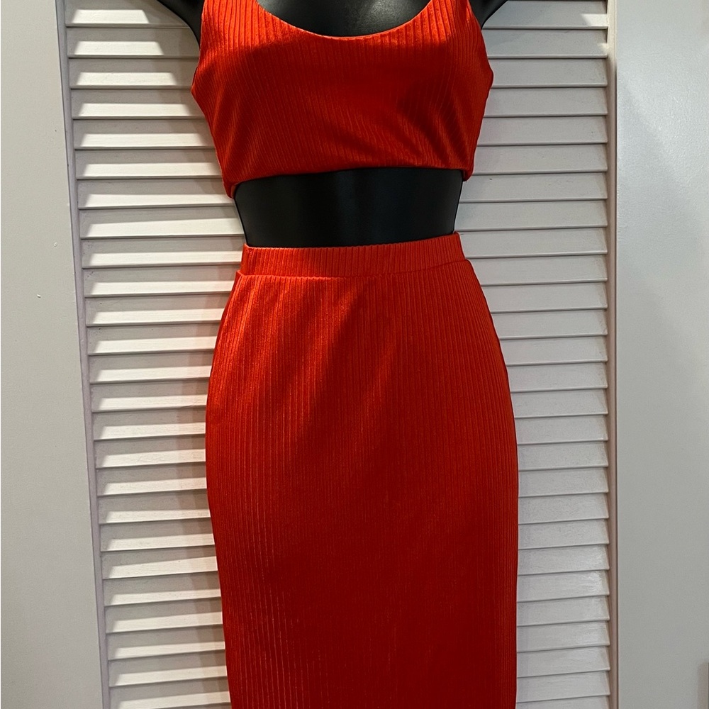Fashion Nova Red Ribbed Midi Dress Two-Piece